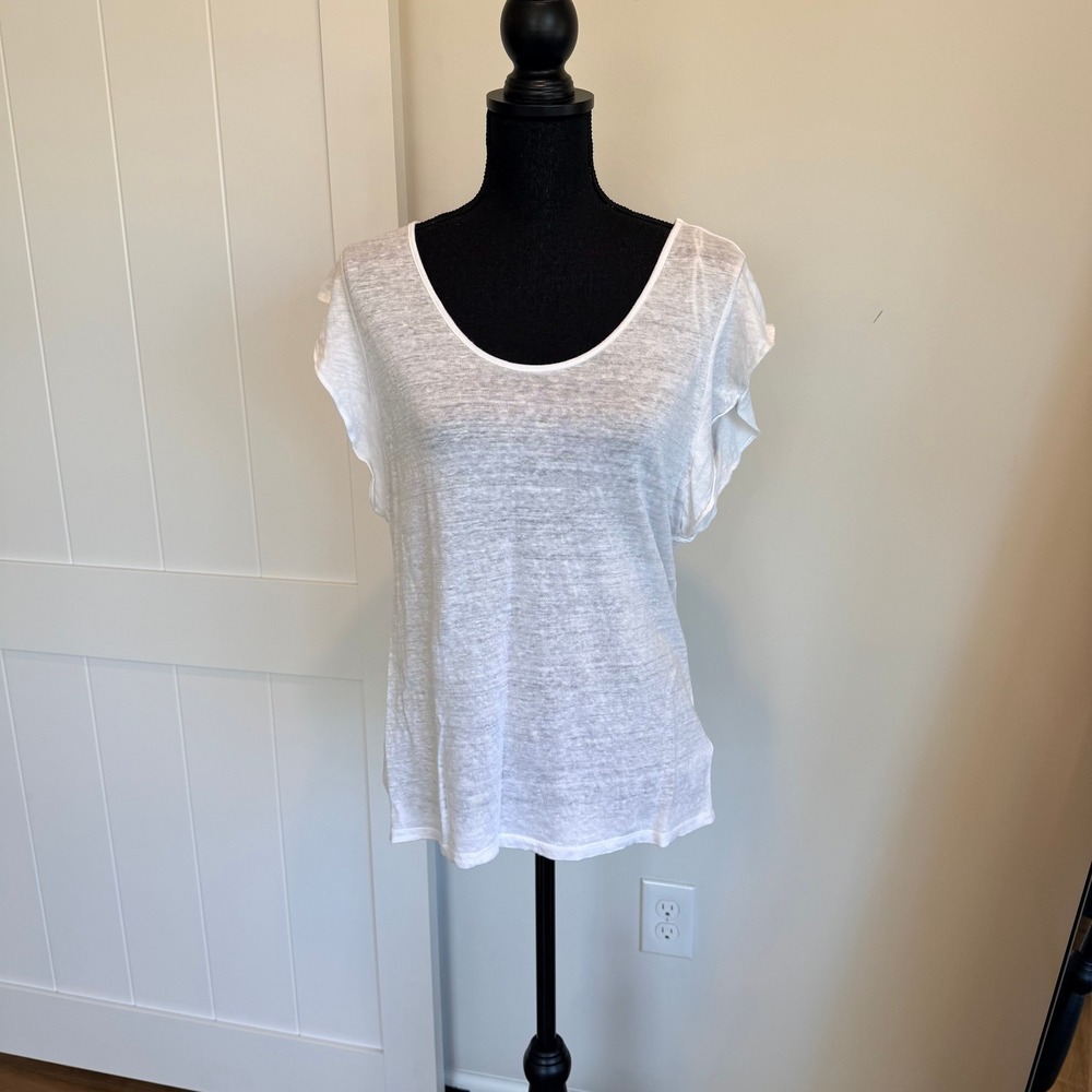 Rachel Zoe White 100% Linen Flutter Sleeve Scoop Neck Knit Top Size Large